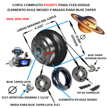 PX100TL COPLE COMPLETO DODGE PARA-FLEX CON BUJES TAPER-LOCK EXTERIOR 10.000”  LARGO 4.220”